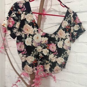 Forever 21 Black Floral Scoop Crop Top with Pink & Cream Roses